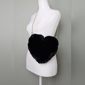 Black Furry Heart Bag With Gold Chain Vegan Fur Crossbody Purse
